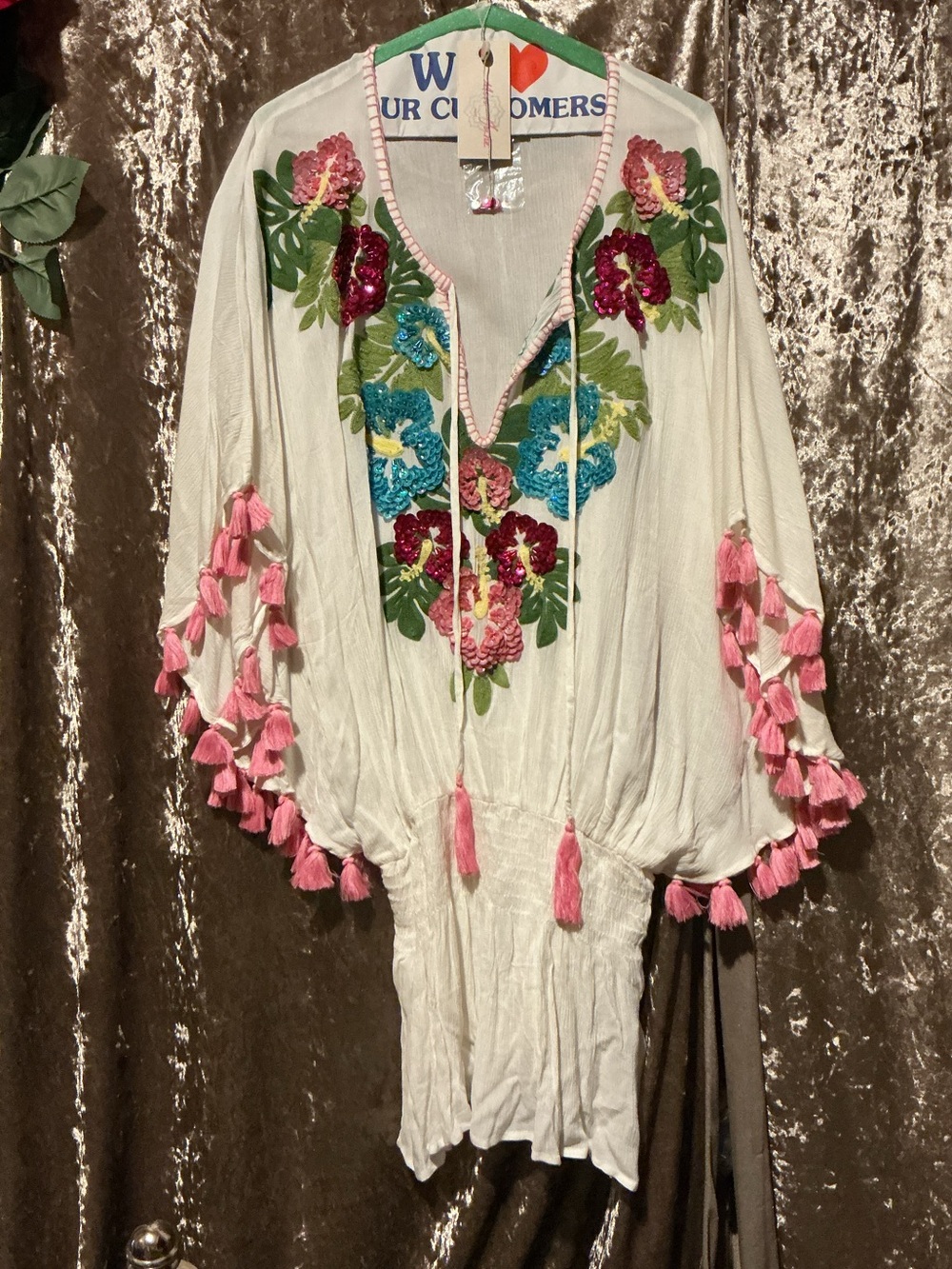 Miss June White Embroidered Sequins Kaftan with Pink Tassels. FREE SIZE